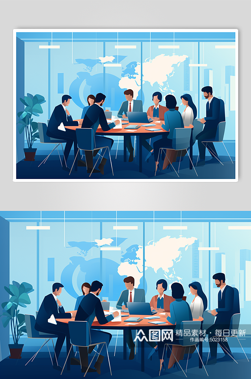 AI数字艺术扁平化企业商务会议场景插画素材