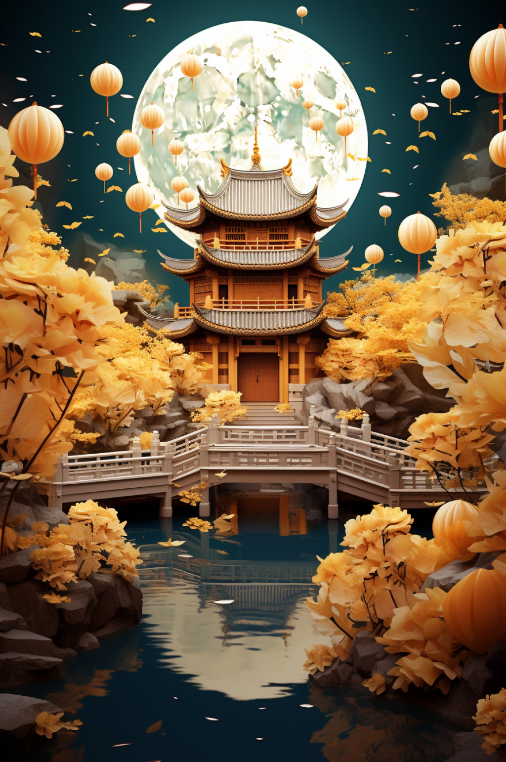 AI数字艺术3D中秋赏月古建筑背景图素材