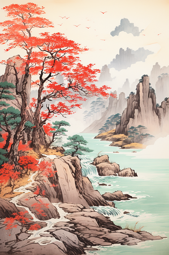 AI数字艺术红色鸿运当头山水画装饰画-众图网