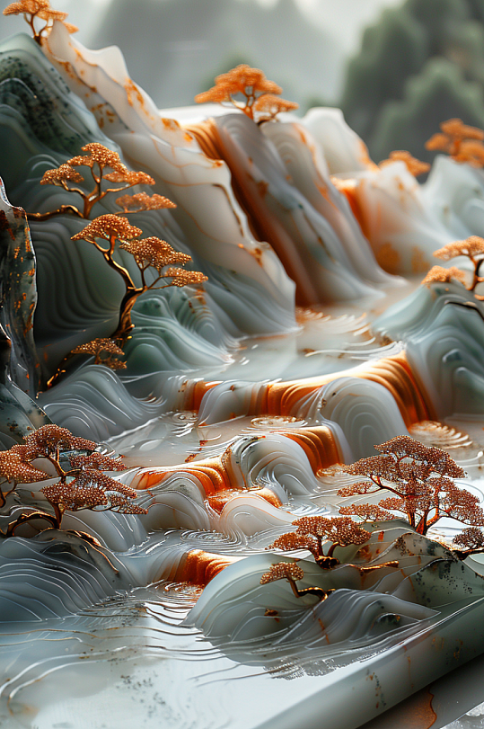 AI数字艺术国潮立体山水中式地产模型-众图网