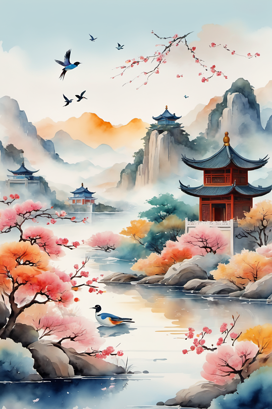 AI数字艺术水墨画山水画中国风丹青插画-众图网