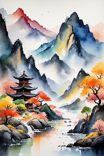 AI数字艺术水墨画山水画丹青国画插画