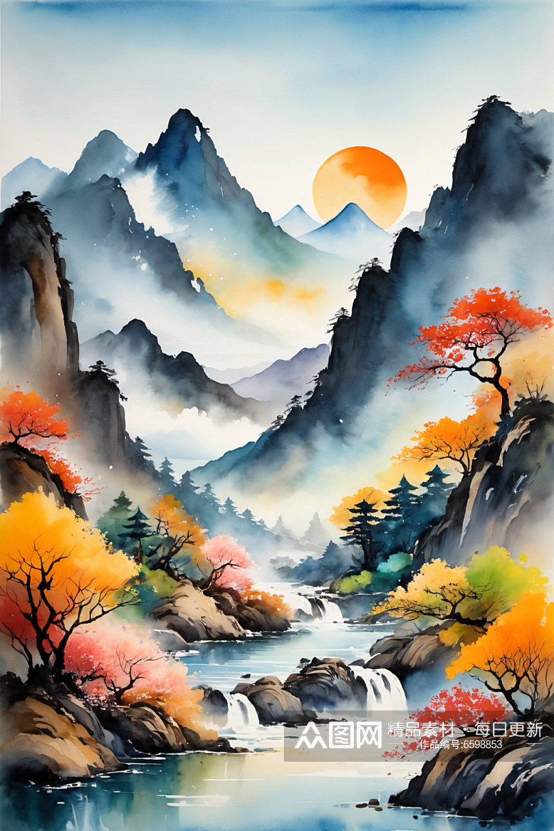 AI数字艺术水墨画山水画丹青国画插画素材