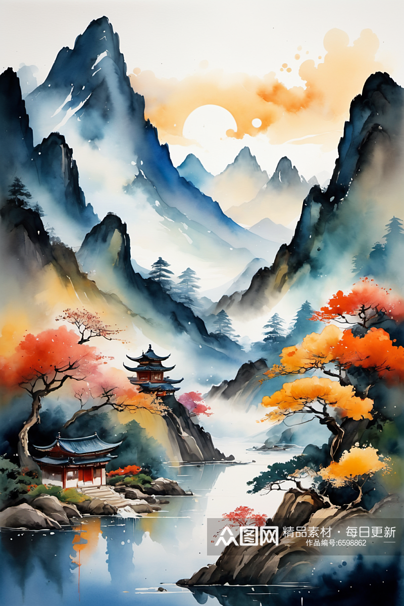 AI数字艺术水墨画山水画丹青国画插画素材