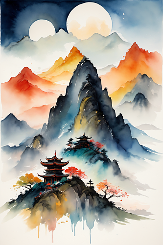 AI数字艺术水墨画山水画丹青国画插画