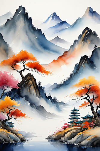 AI数字艺术水墨画山水画丹青国画插画