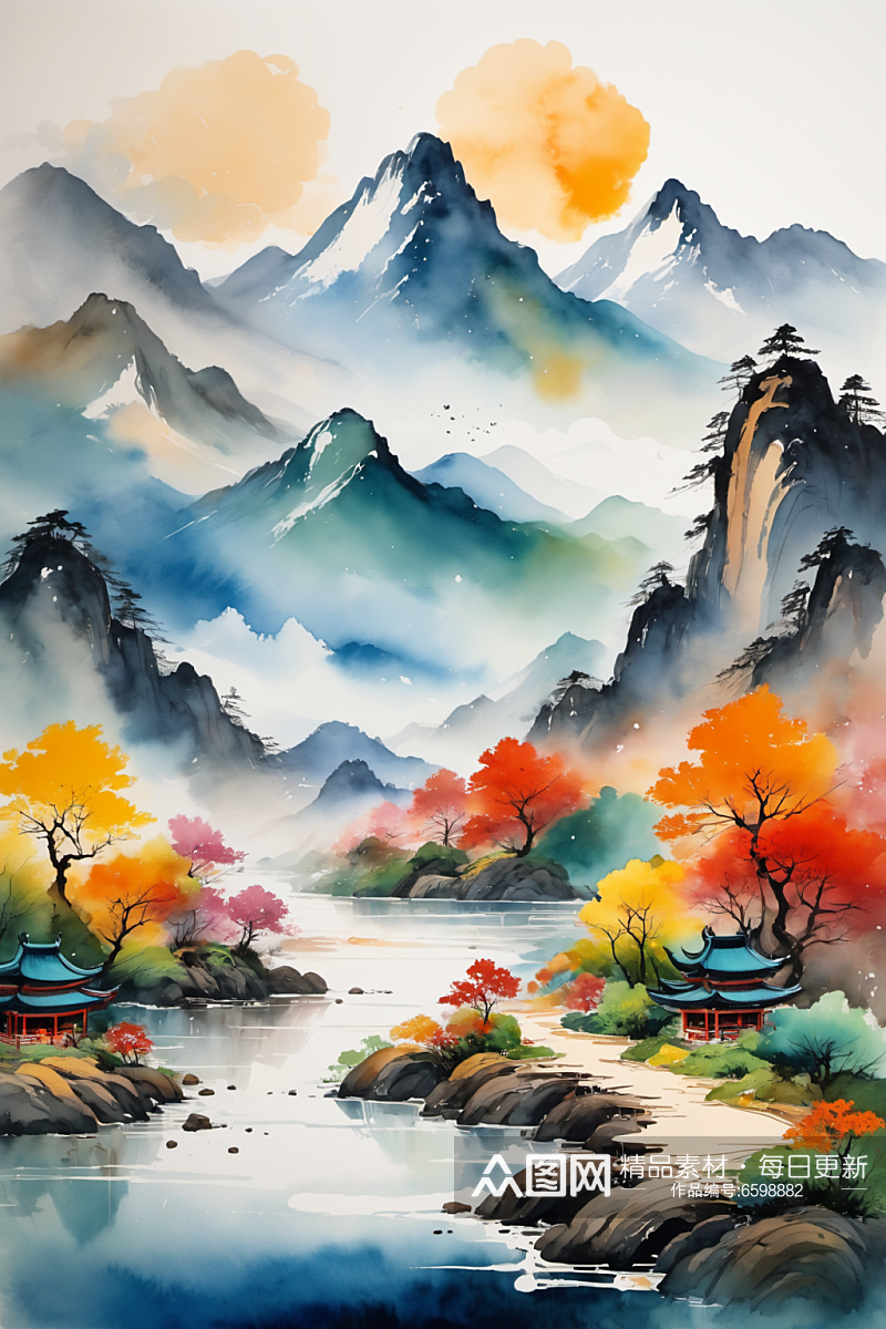 AI数字艺术水墨画山水画丹青国画插画素材