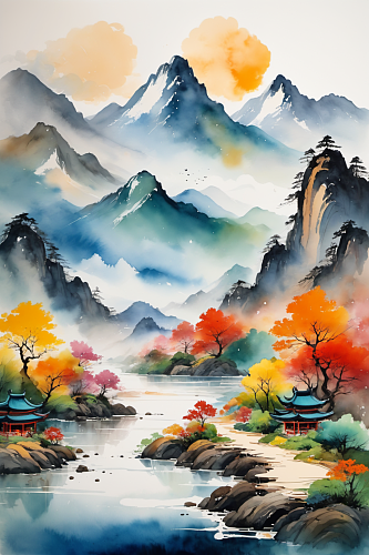 AI数字艺术水墨画山水画丹青国画插画