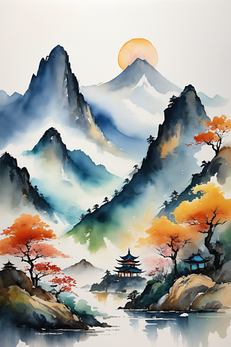 AI数字艺术水墨画山水画丹青国画插画