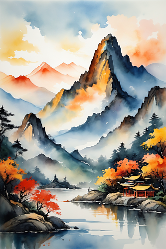 AI数字艺术水墨画山水画丹青国画插画