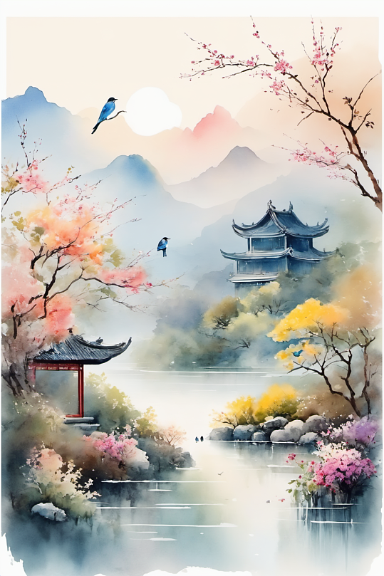 AI数字艺术水墨画山水风景画丹青插画