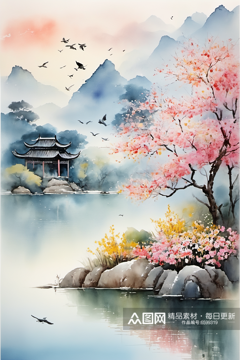 AI数字艺术水墨画山水风景画丹青插画素材