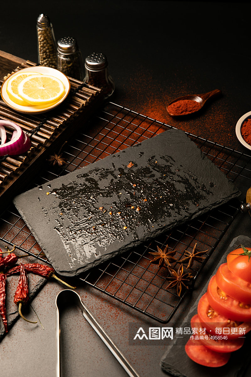 烤蔬菜黑色石板岩石板烧烤物品摄影图片素材