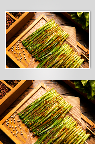 烤韭菜烤蔬菜小吃烧烤食物摄影图片