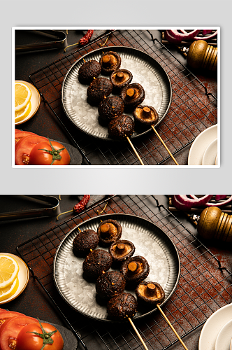 烤香菇烤蔬菜小吃烧烤食物摄影图片