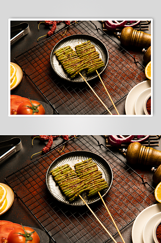 烤豆角烤蔬菜小吃烧烤食物摄影图片