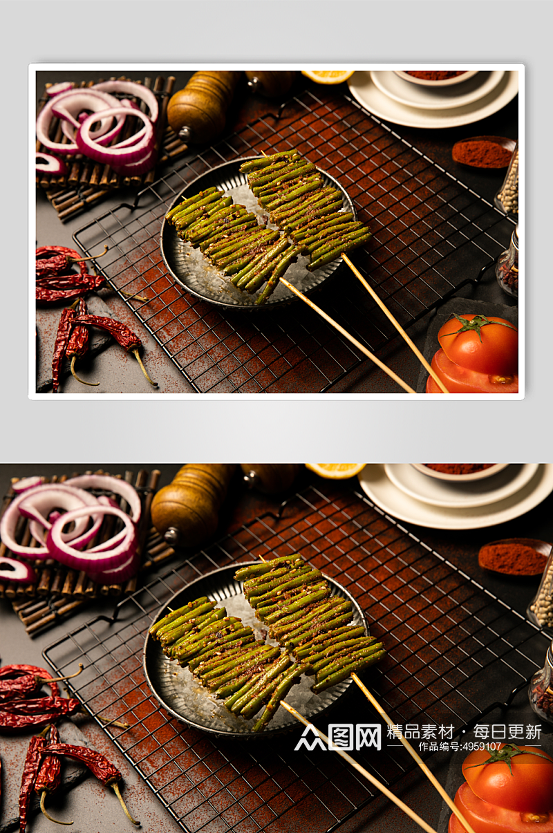 烤豆角烤蔬菜小吃烧烤食物摄影图片素材
