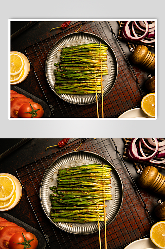 烤韭菜烤蔬菜小吃烧烤食物摄影图片