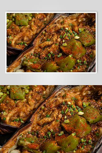 青椒烤茄子烧烤菜品美食摄影图片