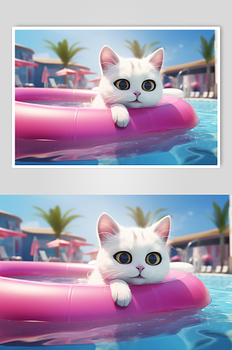 AI数字夏日暑假沙滩猫咪粘土风模型