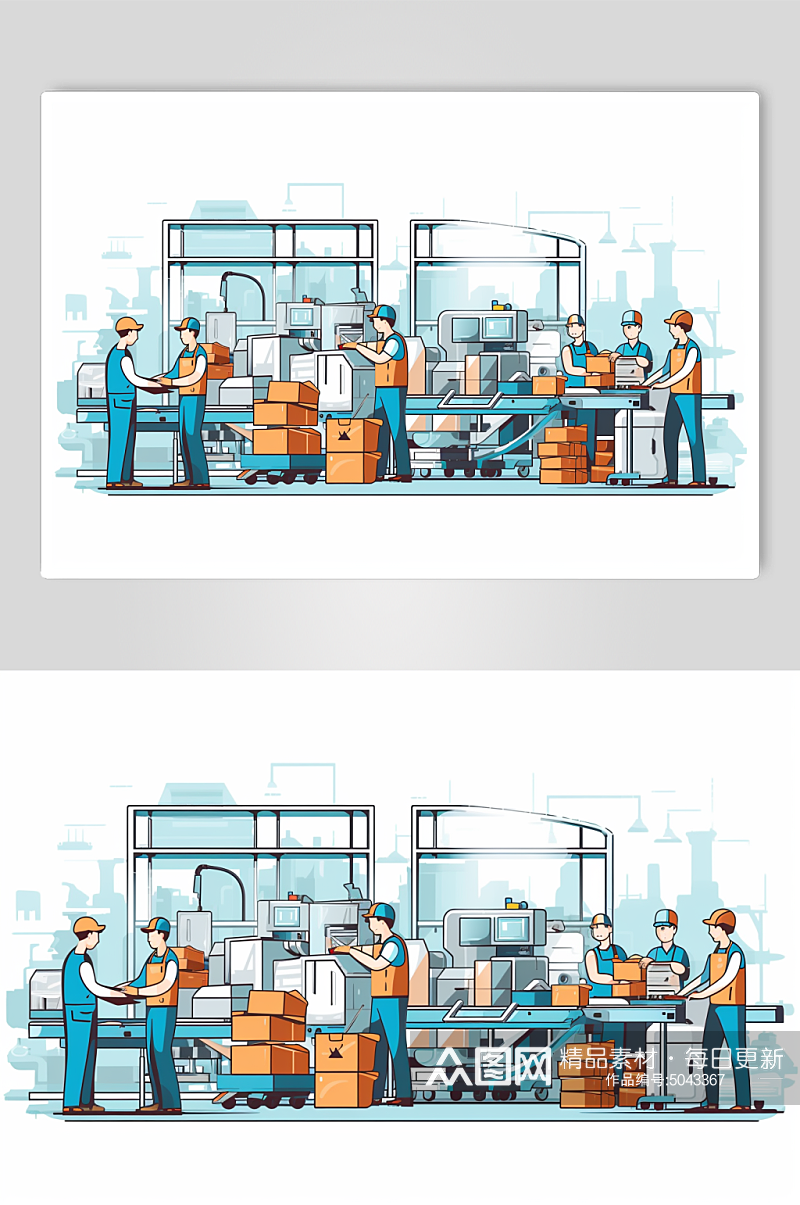 AI数字艺术扁平化工业业生产线工人插画素材