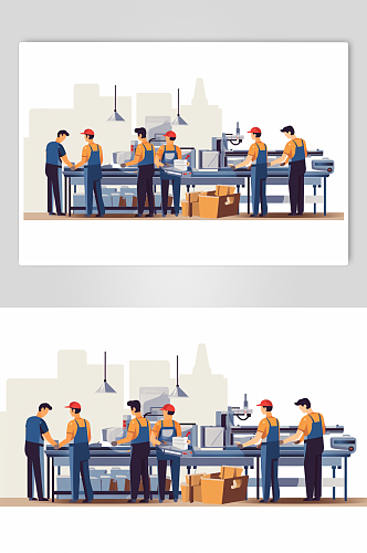 AI数字艺术扁平化工业业生产线工人插画