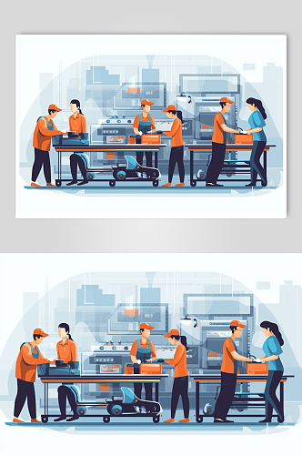 AI数字艺术扁平化工业业生产线工人插画