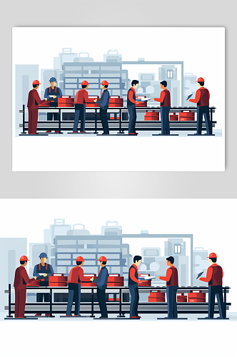 AI数字艺术扁平化工业业生产线工人插画