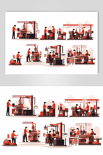AI数字艺术扁平化工业业生产线工人插画