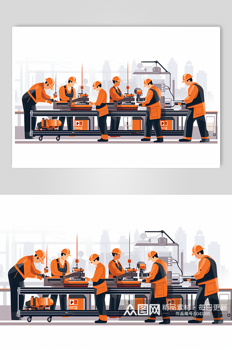 AI数字艺术扁平化工业业生产线工人插画素材