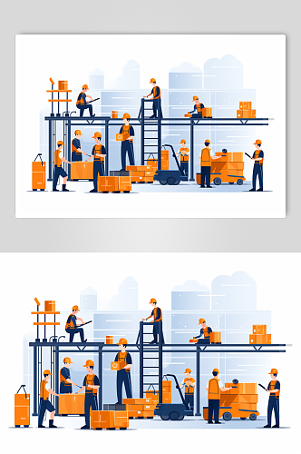 AI数字艺术扁平化工业业生产线工人插画