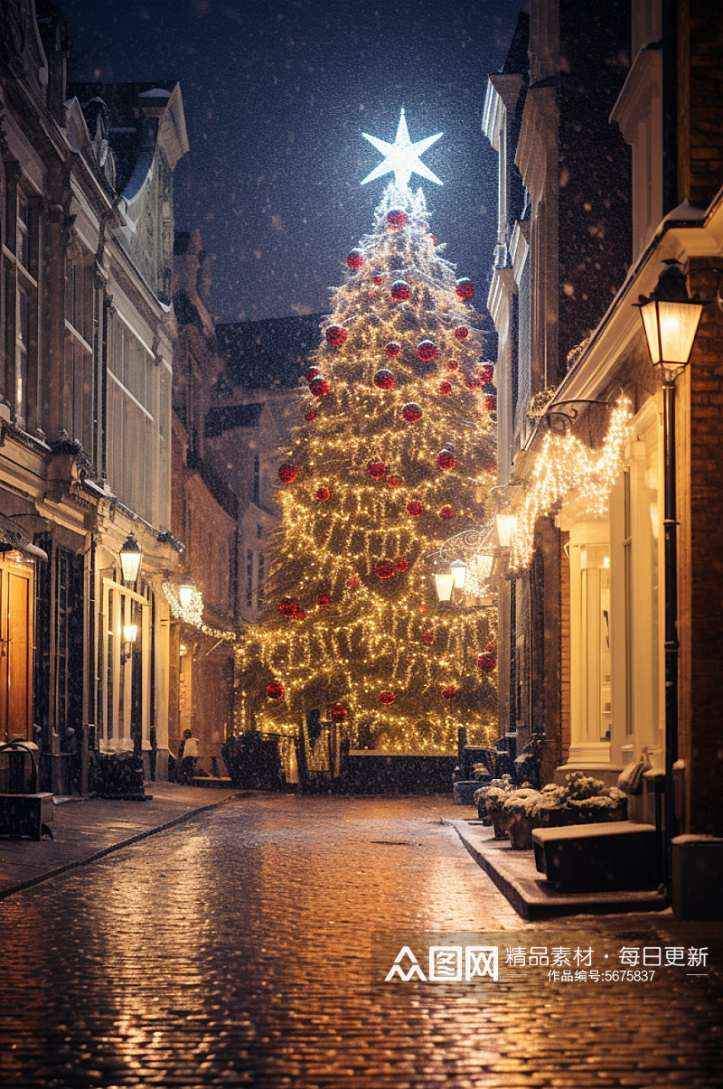 AI数字艺术圣诞节街景氛围摄影图素材
