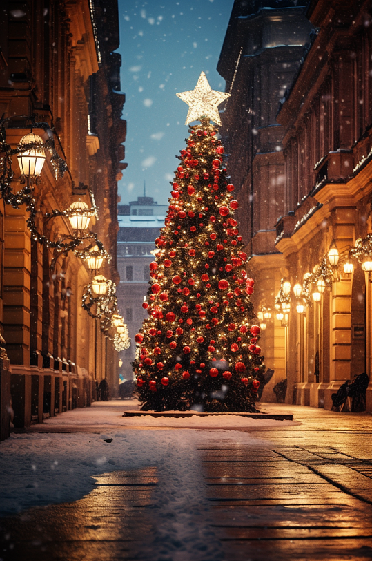 AI数字艺术圣诞节街景氛围摄影图
