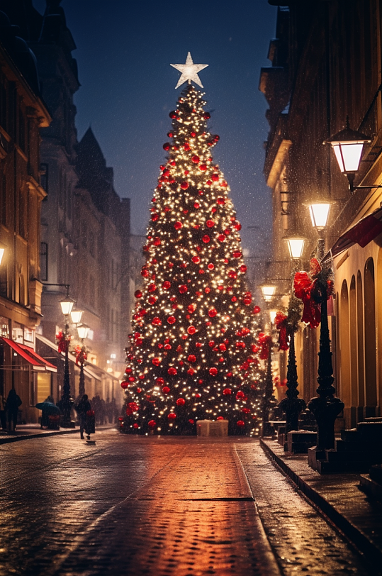 AI数字艺术圣诞节街景氛围摄影图