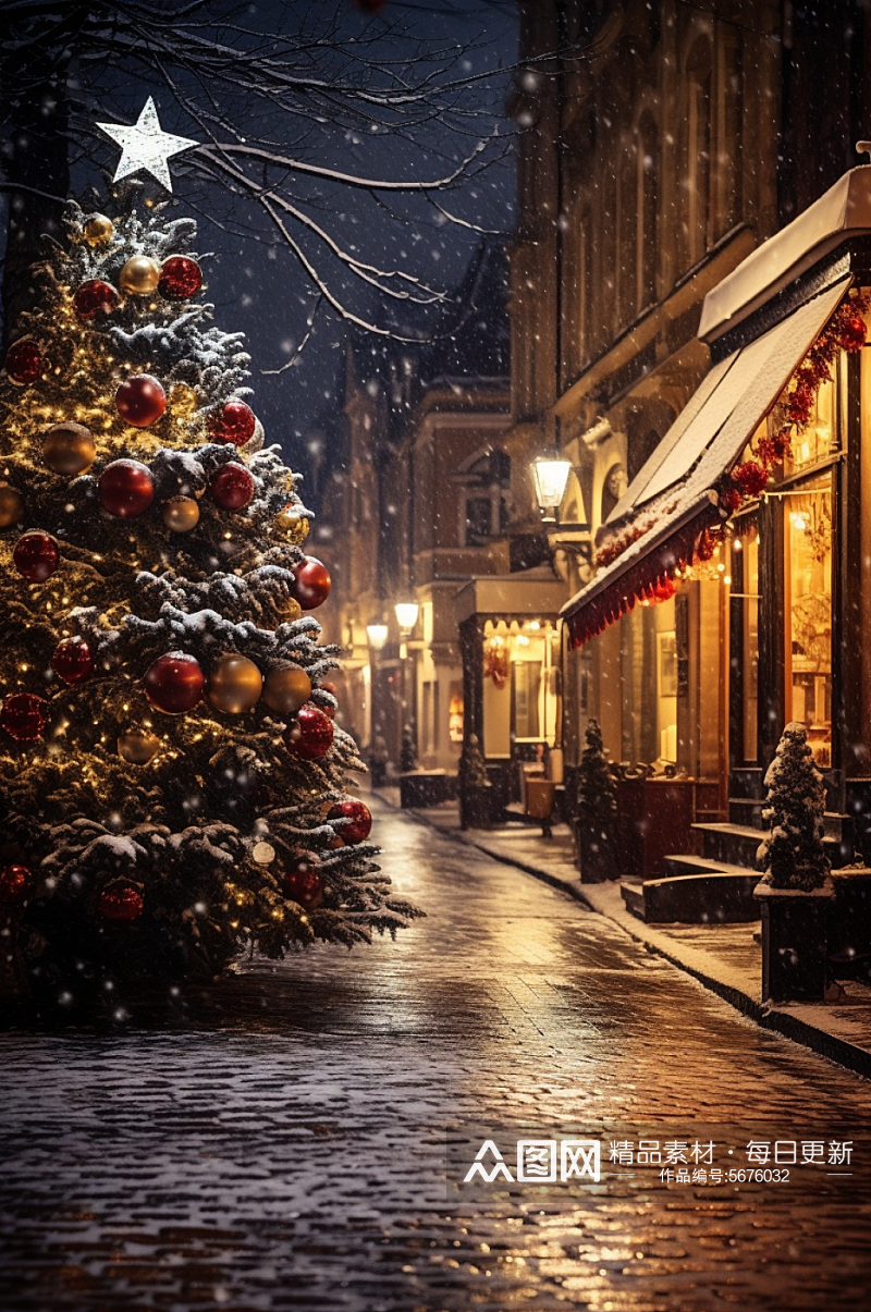 AI数字艺术圣诞节街景氛围摄影图素材