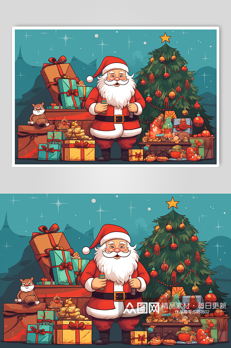 AI数字艺术圣诞节圣诞老人送礼物人物插画素材