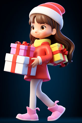 AI数字艺术圣诞节圣诞女孩送礼物人物模型