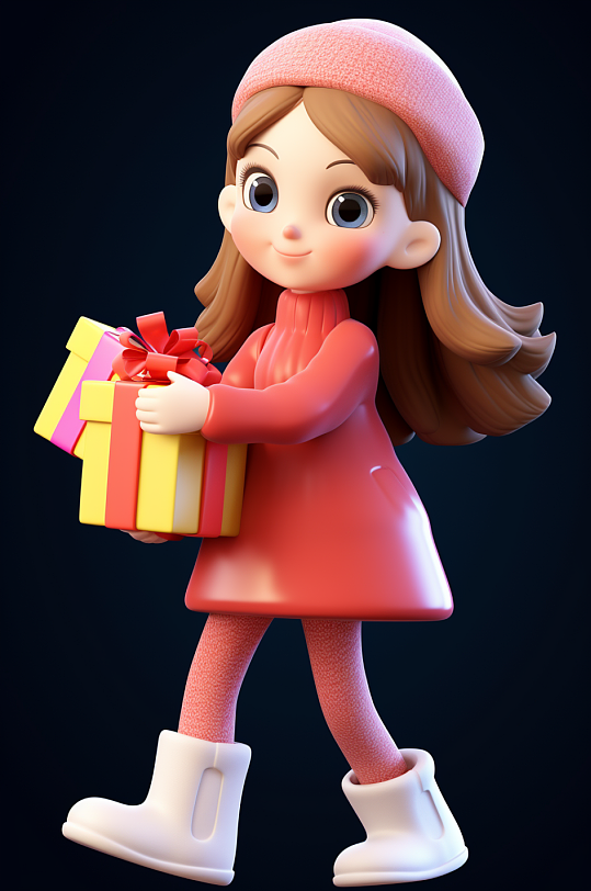 AI数字艺术圣诞节圣诞女孩送礼物人物模型