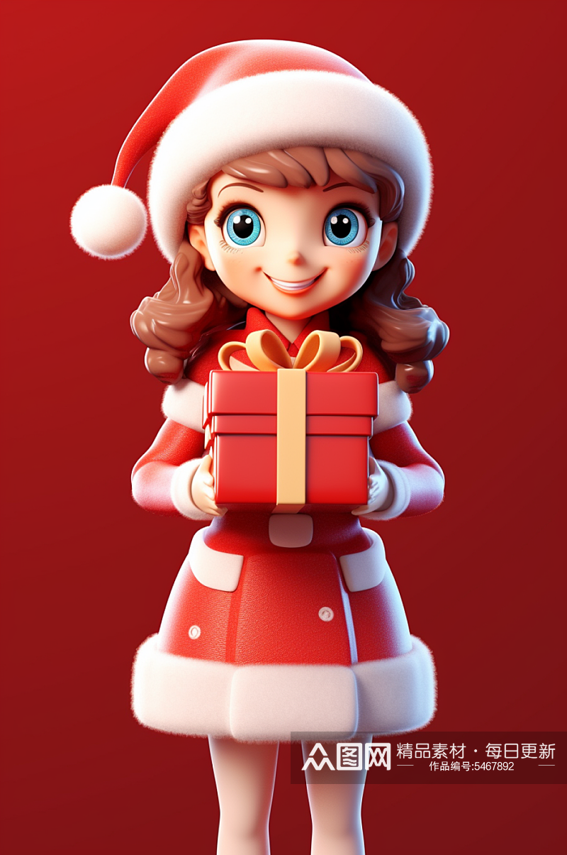 AI数字艺术圣诞节圣诞女孩送礼物人物模型素材