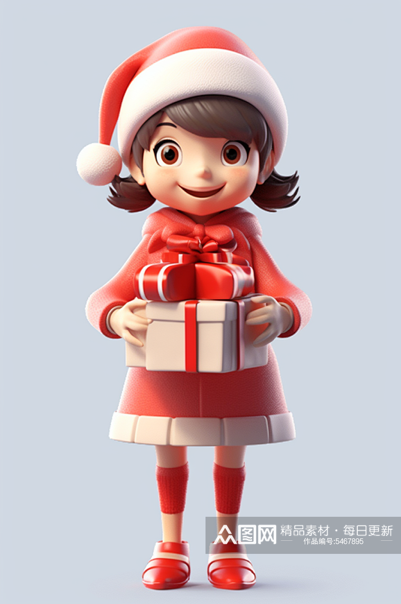 AI数字艺术圣诞节圣诞女孩送礼物人物模型素材