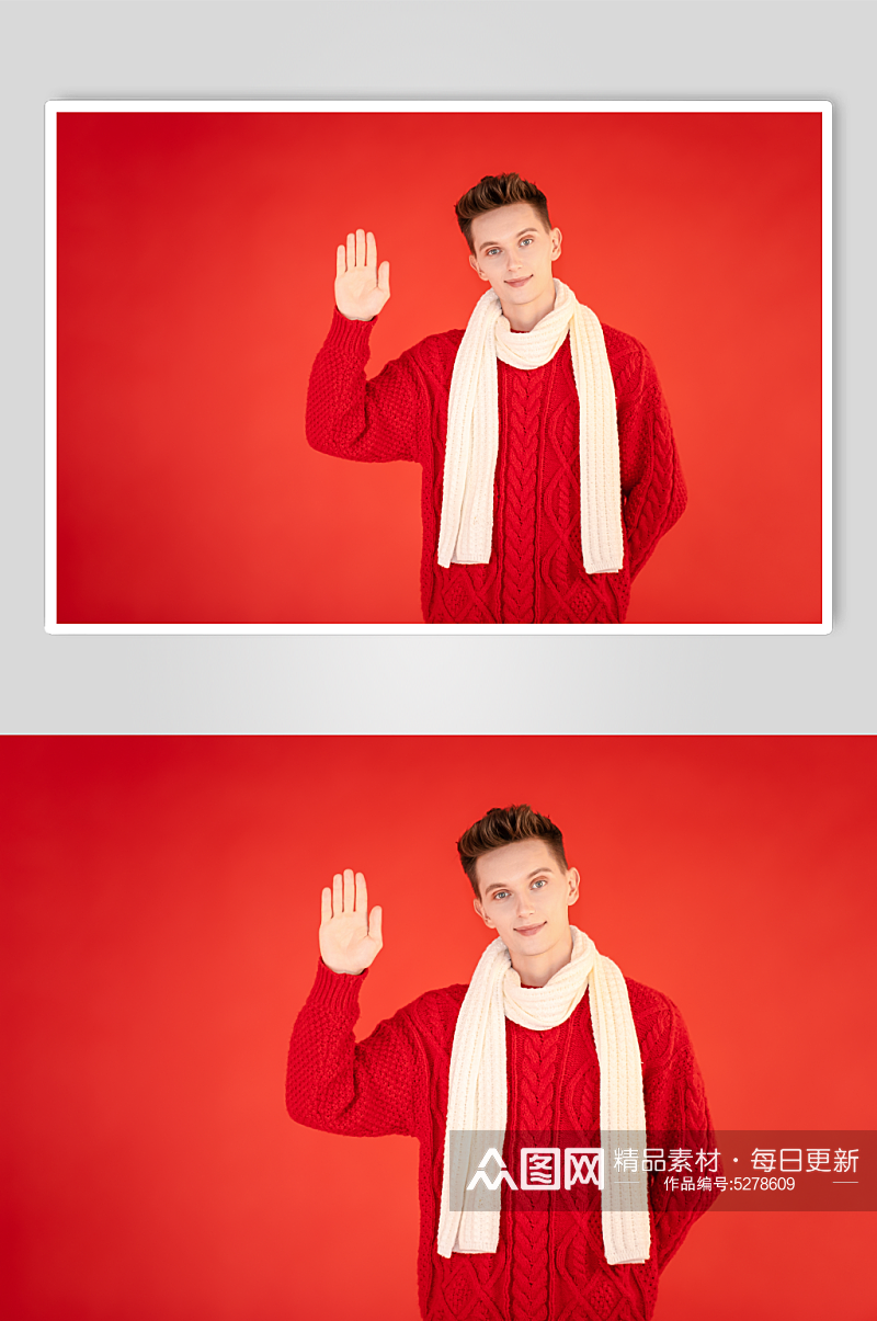 红色毛衣外国男生圣诞节人物摄影图片素材