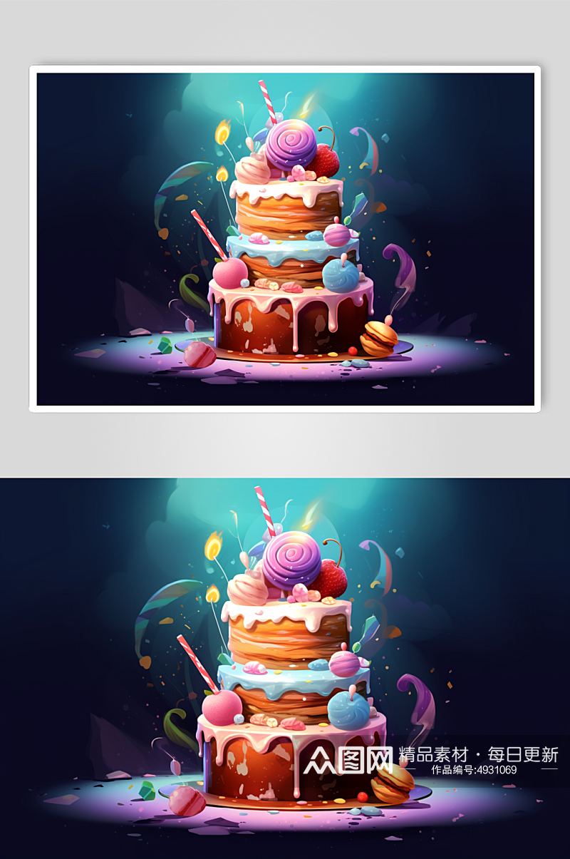 AI数字艺术创意生日蛋糕甜品美食插画素材