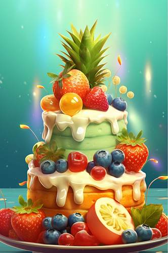 AI数字艺术原创生日蛋糕甜品美食插画
