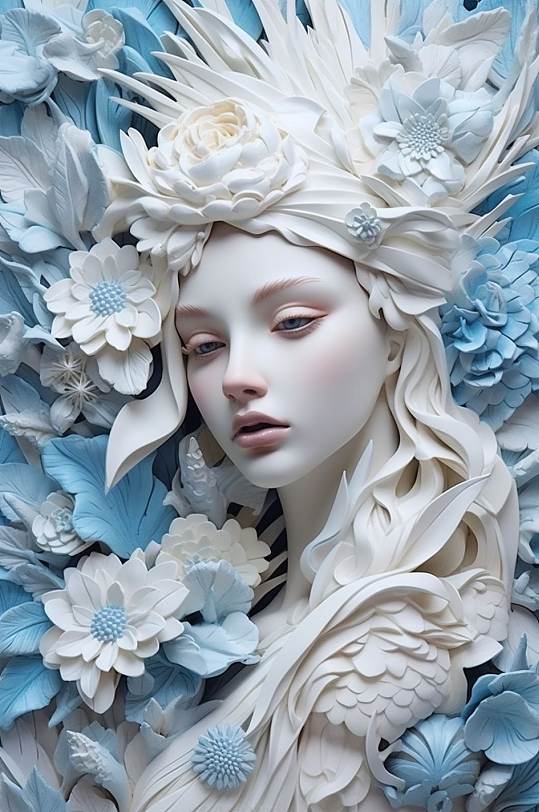 AI数字艺术手绘蓝色花朵丰胸古典石膏雕塑模型