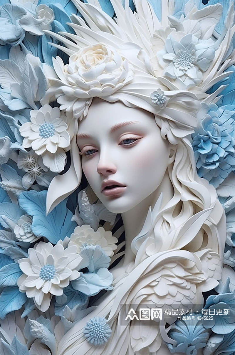 AI数字艺术手绘蓝色花朵丰胸古典石膏雕塑模型素材