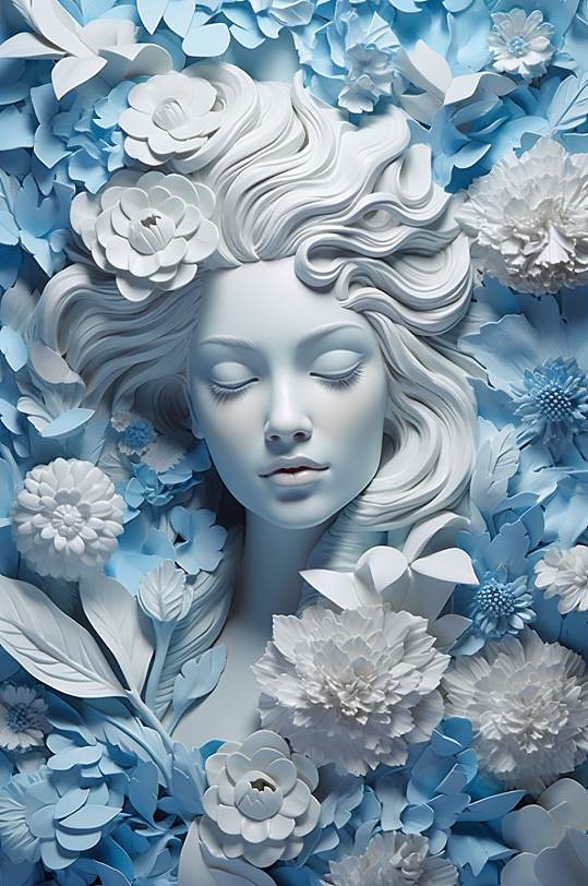 AI数字艺术手绘蓝色花朵古典石膏雕塑模型