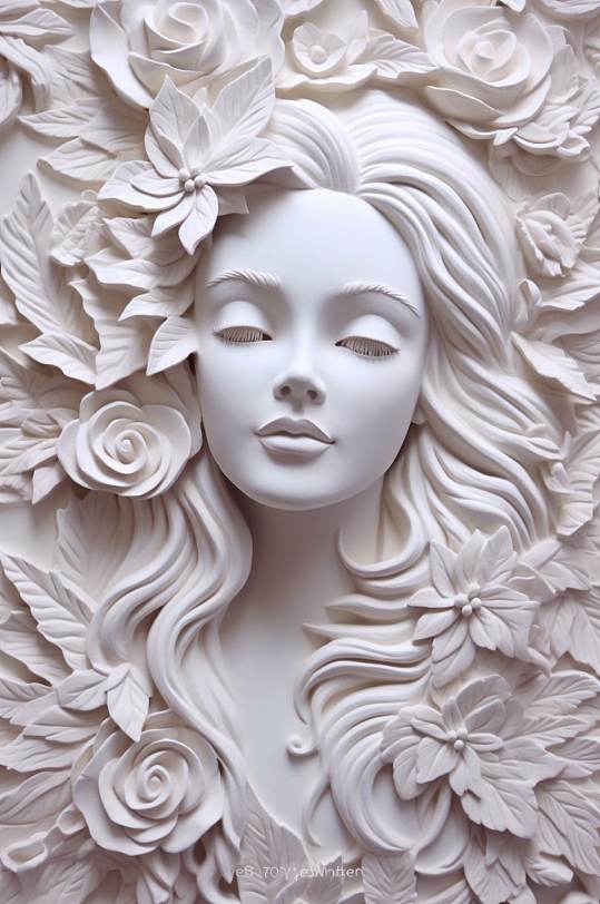 AI数字艺术手绘白色花朵古典石膏雕塑模型