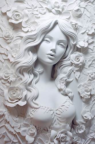 AI数字艺术手绘白色花朵丰胸古典石膏雕塑模型