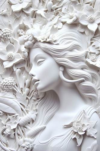 AI数字艺术手绘白色花朵古典石膏雕塑模型