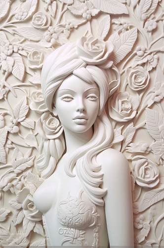 AI数字艺术手绘白色花朵丰胸古典石膏雕塑模型